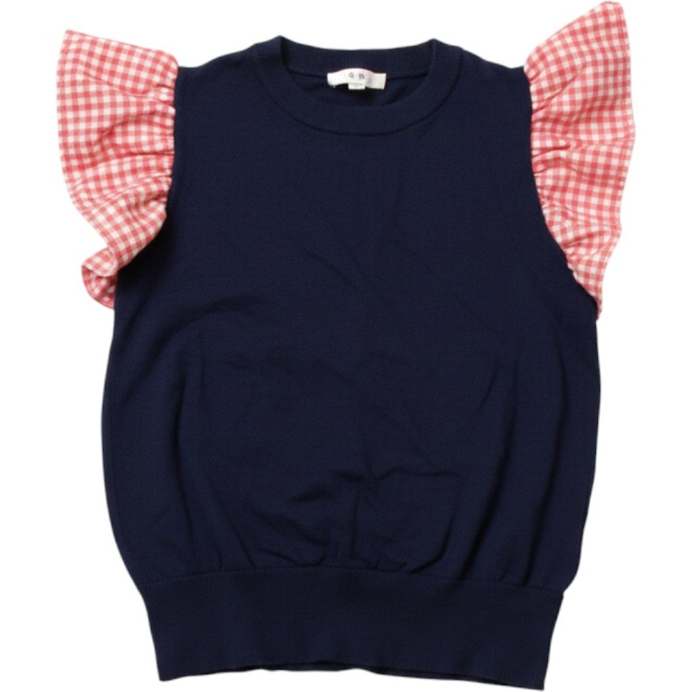 THML Gingham Flutter Sleeve Knit Top Women XS Navy Blue Preppy